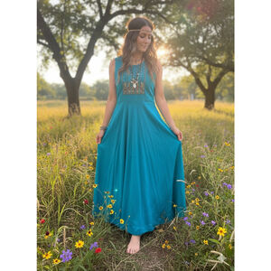 Rich Lady Anarkali Maxi Dress Turquoise Beaded Gown Large